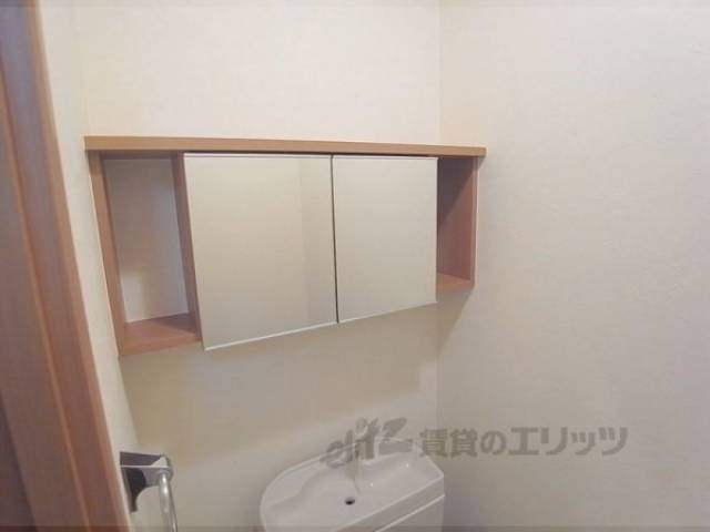 トイレ　鏡と収納がトイレについてます